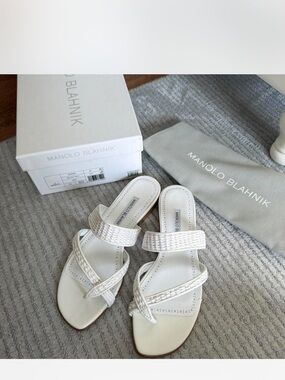 Manolo Blahnik White Braided Leather Slide Sandals